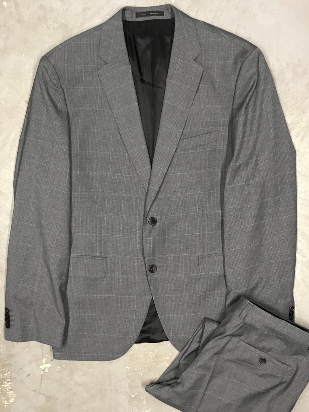 Hugo Boss Suit Slim Fit Guabello 120s Wool Tetxured Check Grey 2pc 44R 36x31